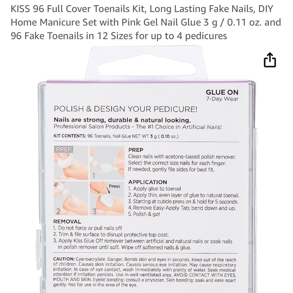 NIB! KISS 96 Full-Cover Toenails Short Length #50543 96TN01 Durable Press-Ons - Picture 3 of 5
